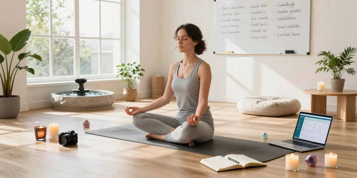 Motchill wellness workspace featuring mindful individual practicing meditation with calming elements.