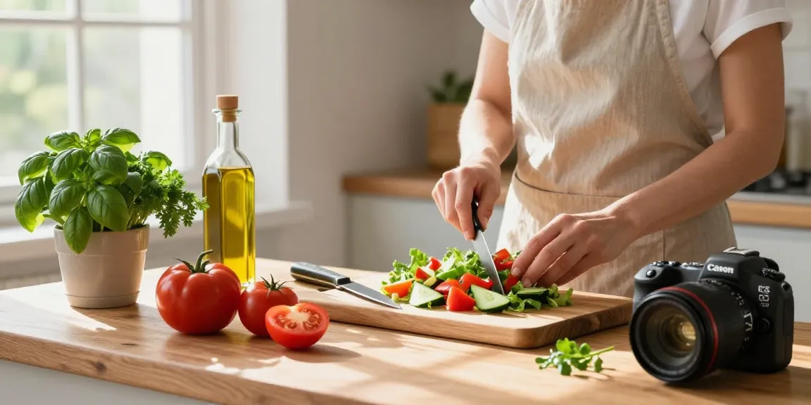 Fresh salad preparation scene in a sunlit kitchen with vibrant ingredients showcasing เว็บสล็อต แท้ 100 เปอร์เซ็นต์.