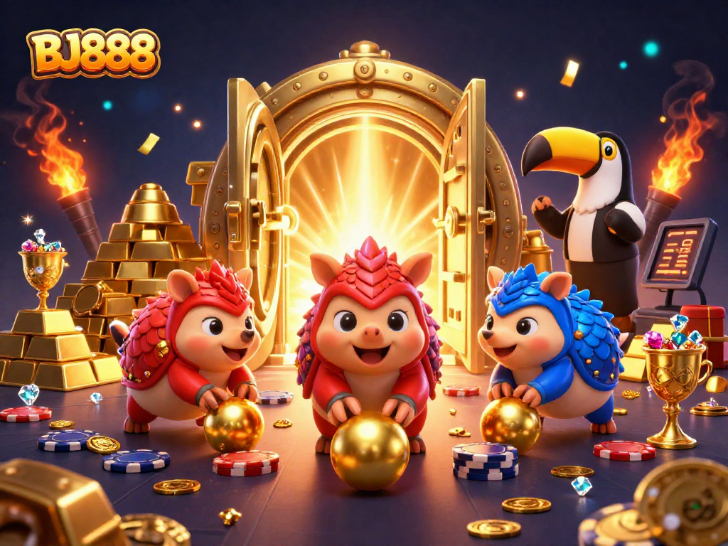 Experience the dynamic world of BJ888 with rival pangolins rolling golden balls and bowling through poker chips.