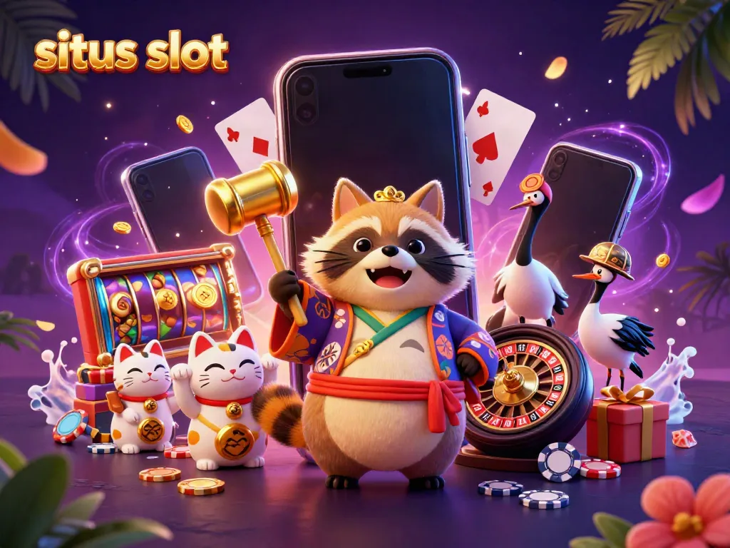 Spin the reels at situs slot with lively characters and thrilling casino elements in a vibrant illustration.