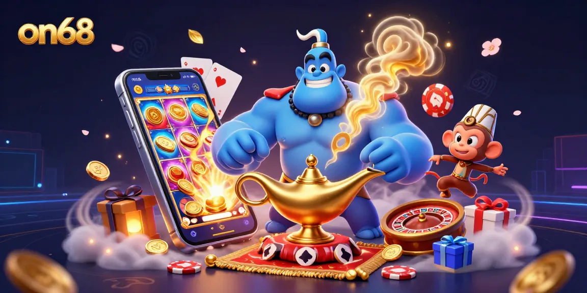 Engage with on68's immersive casino experience, featuring a genie, magical elements, and gaming excitement.