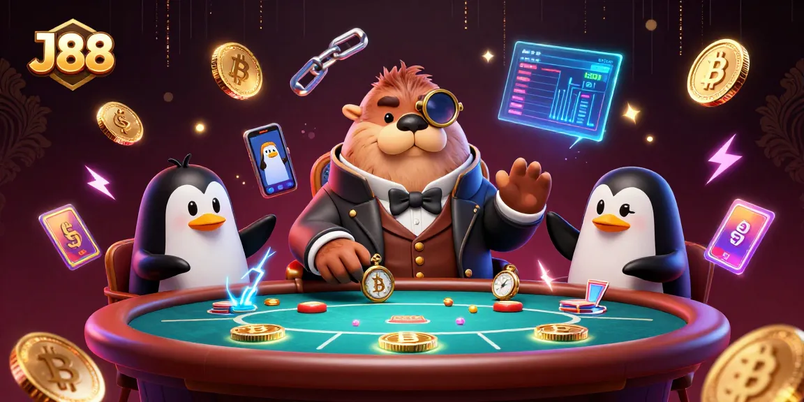 Engage in J88 gaming at a vibrant underwater poker table with unique characters and digital currency.