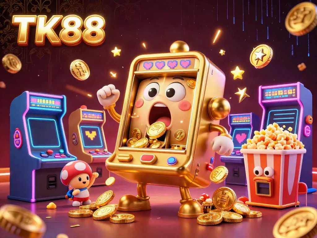 TK88 slot machine illustration with coins raining down, highlighting a lively casino scene.