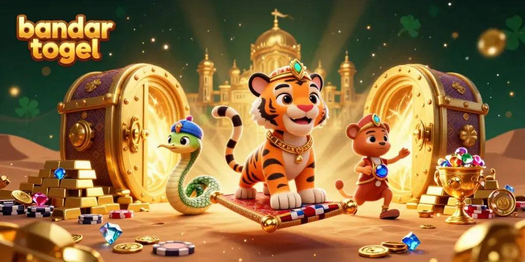 Experience the excitement of bandar togel with a vibrant 3D illustration of a tiger sultan and treasure elements.