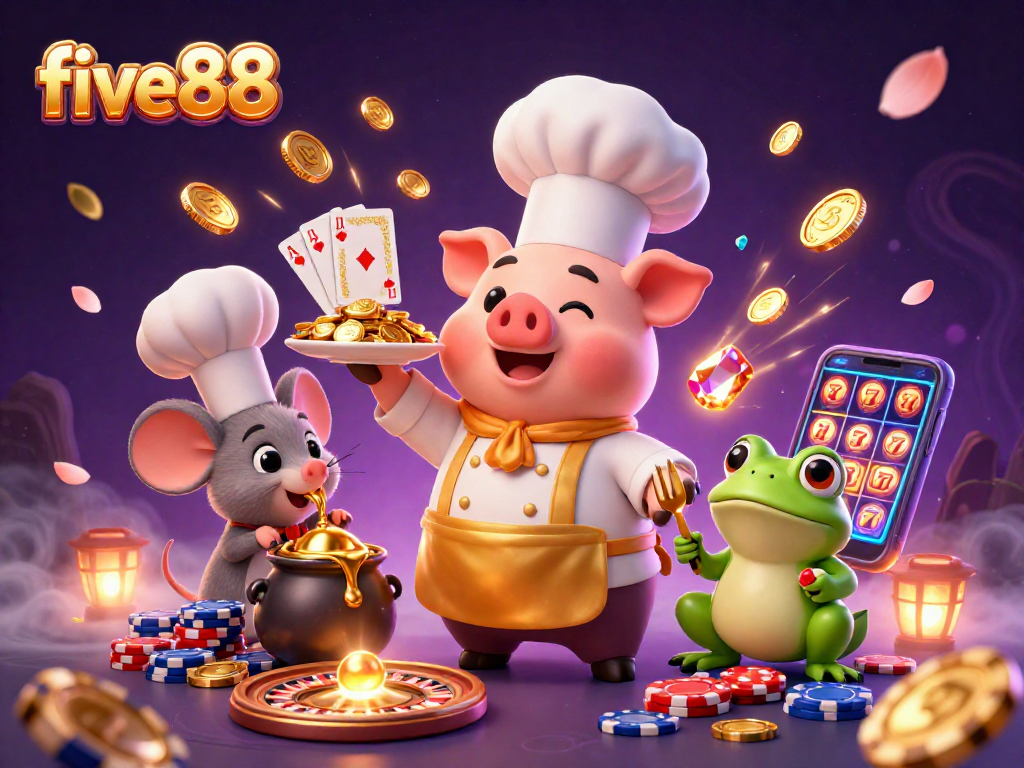 Experience the thrill of winning with five88 as chef pig serves gold coins in a lively casino scene.