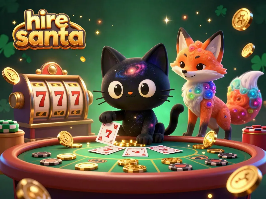 Engage with the cosmic casino as you hire Santa in a vibrant, animated scene filled with gold coins and swirling energy.