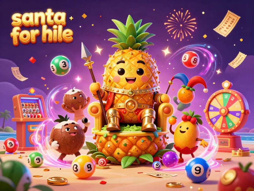 Engage with a festive beach casino scene depicting a vibrant character lineup while showcasing Santa for hire events.