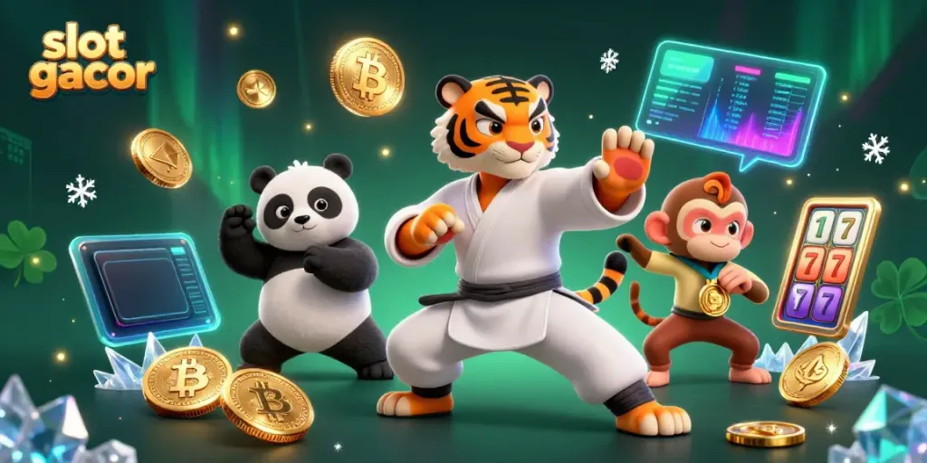 Experience the excitement of slot gacor with a tiger master and panda disciple in a colorful casino-themed adventure.