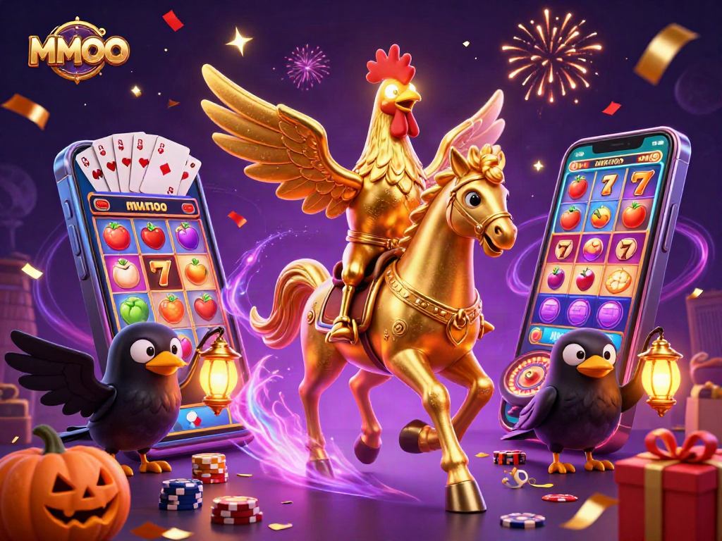 MMOO showcases a thrilling slot game scene featuring a golden rooster and crow companions.