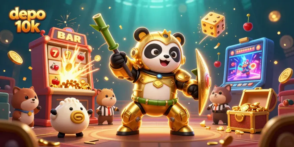 Experience thrilling action with depo 10k and vibrant casino elements in this animated 3D digital illustration.