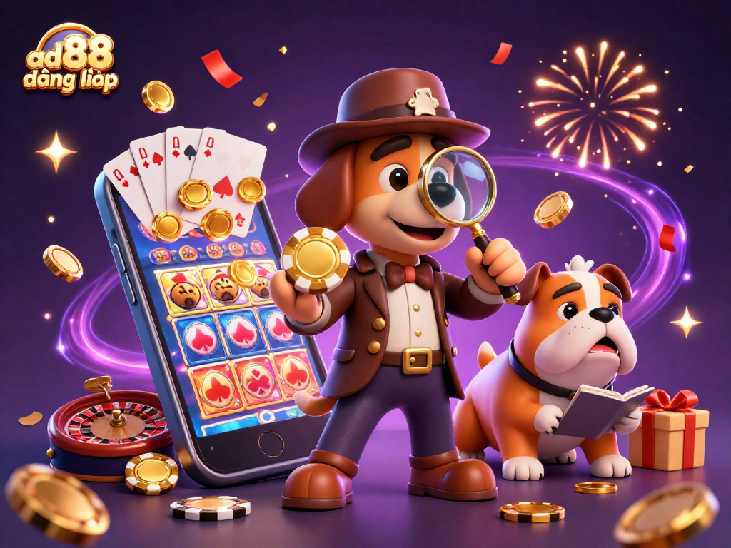 Engage in thrilling gaming with ad88 đăng nhập, surrounded by festive casino elements and cartoon characters.
