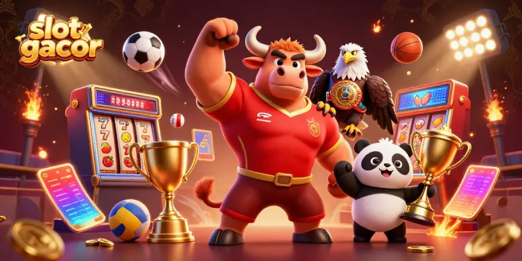 Experience the excitement of slot gacor with a celebration of wins, featuring vibrant slot elements and joyful mascots.