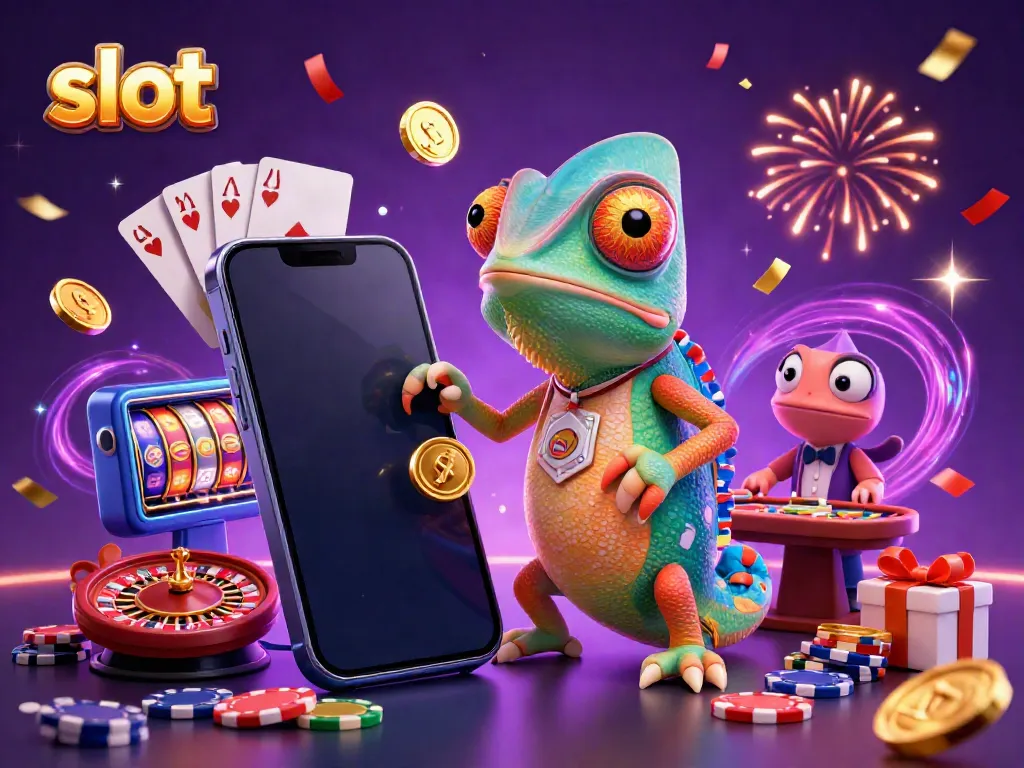 Experience exciting slot action with vibrant illustrations of colorful games and celebratory elements.