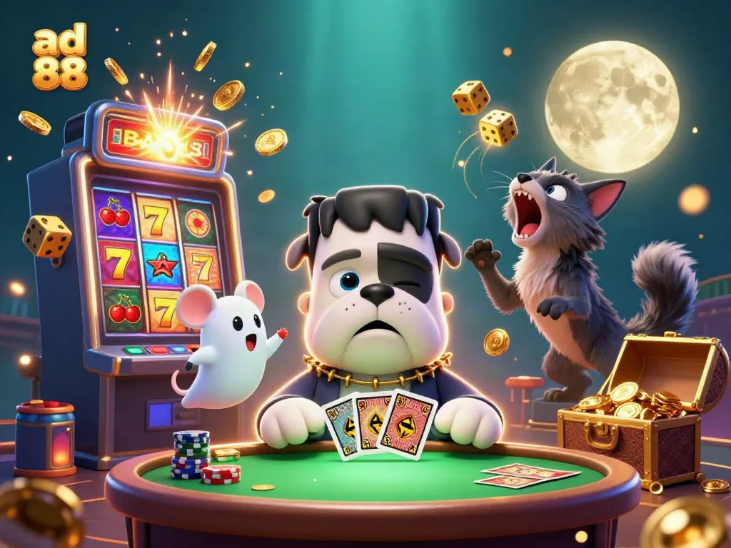 Experience the thrill of ad 88 with a vibrant 3D casino scene featuring unique characters and an explosive jackpot.