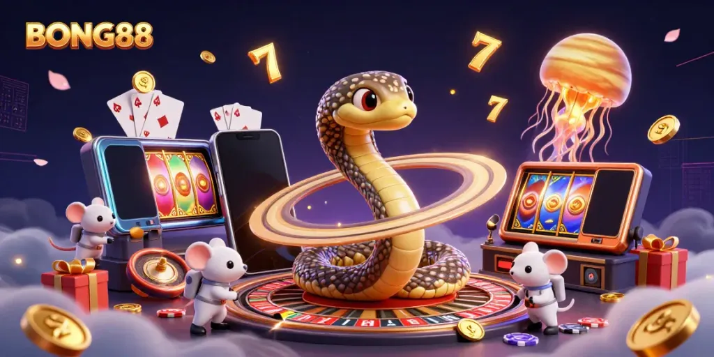 Engage with BONG88 via an exciting cosmic roulette scene featuring game elements and vibrant characters.