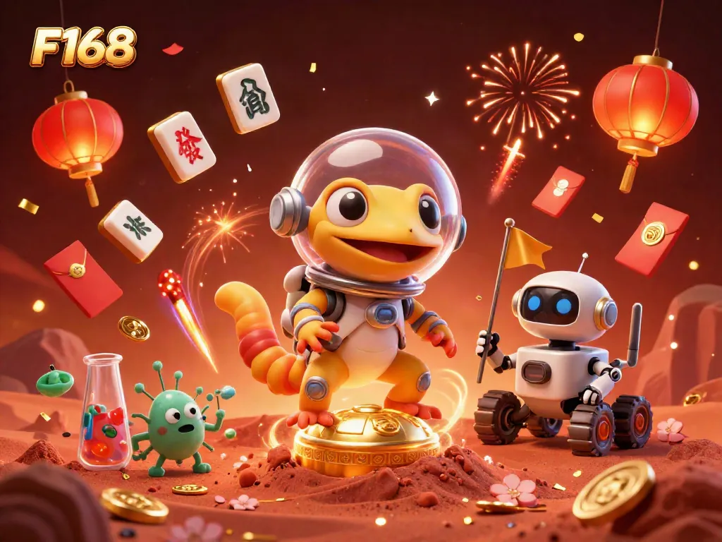Experience F168's Martian adventure in a vibrant, golden casino landscape with fun elements.