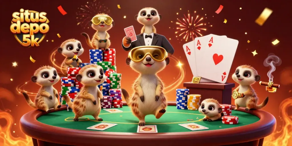 Experience the excitement of situs depo 5k in this lively casino scene with meerkats and dynamic game elements.