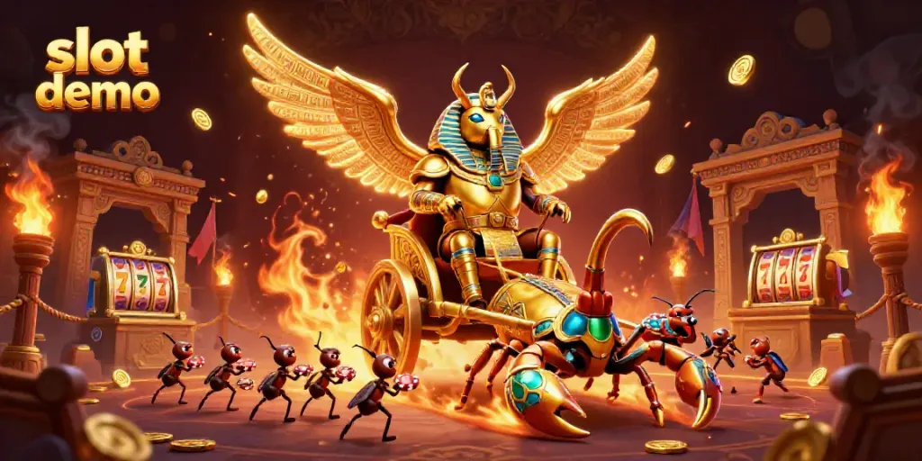Slot demo yang menampilkan skenario kasino dengan simbol emas, simbol slot, dan karakter kartun 3D.