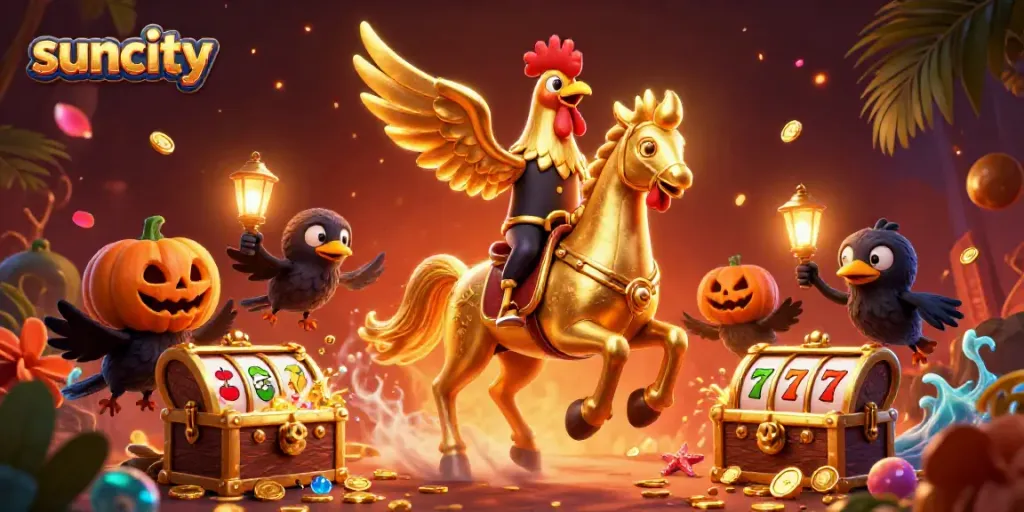 Experience the excitement of suncity's midnight casino with a golden rooster hero in action.