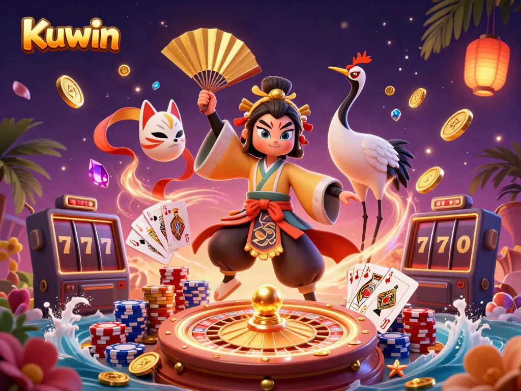 Kuwin showcases a vibrant 3D casino scene featuring a kabuki warrior, kitsune mask, and dynamic gaming elements.