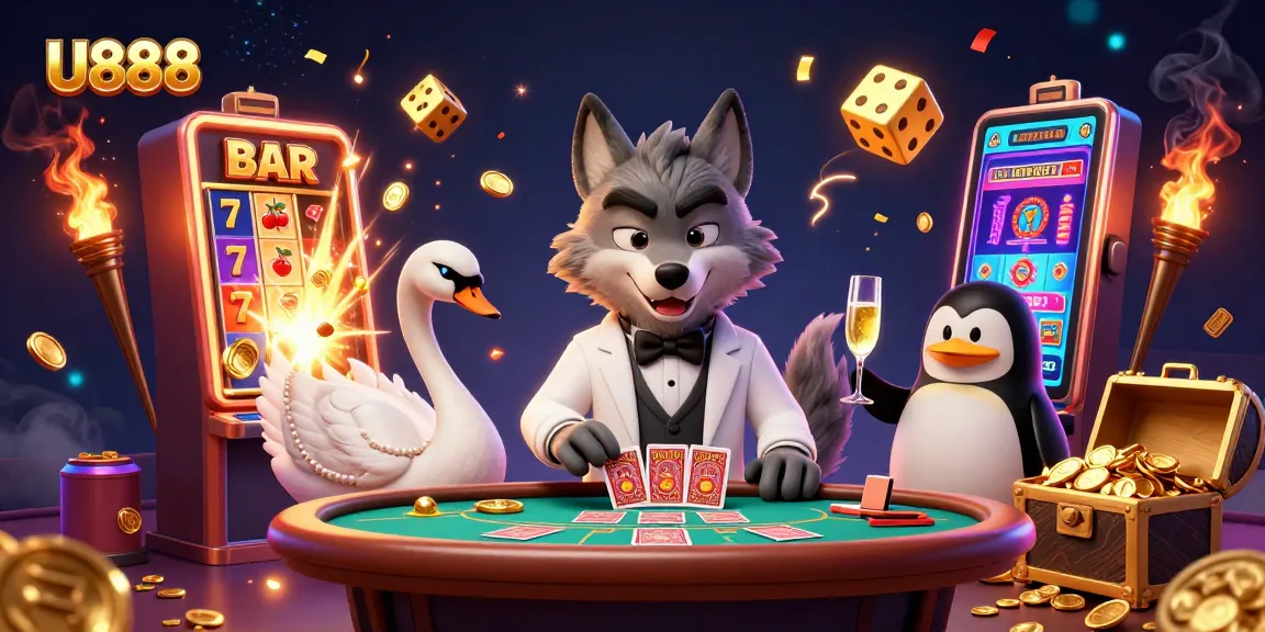 Experience thrilling moments at U888's casino with lively characters and vibrant gaming elements.