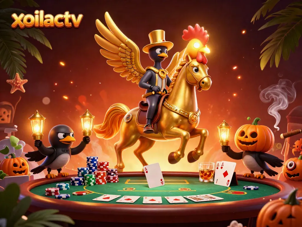 Create an engaging scene with xoilactv showcasing a dynamic casino environment filled with a golden rooster and crow companions.