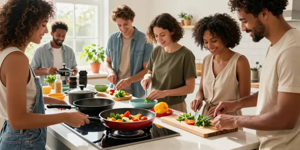Cooking together with non-stick cookware in a vibrant kitchen, showcasing Non-Stick Cookware price in bangladesh.
