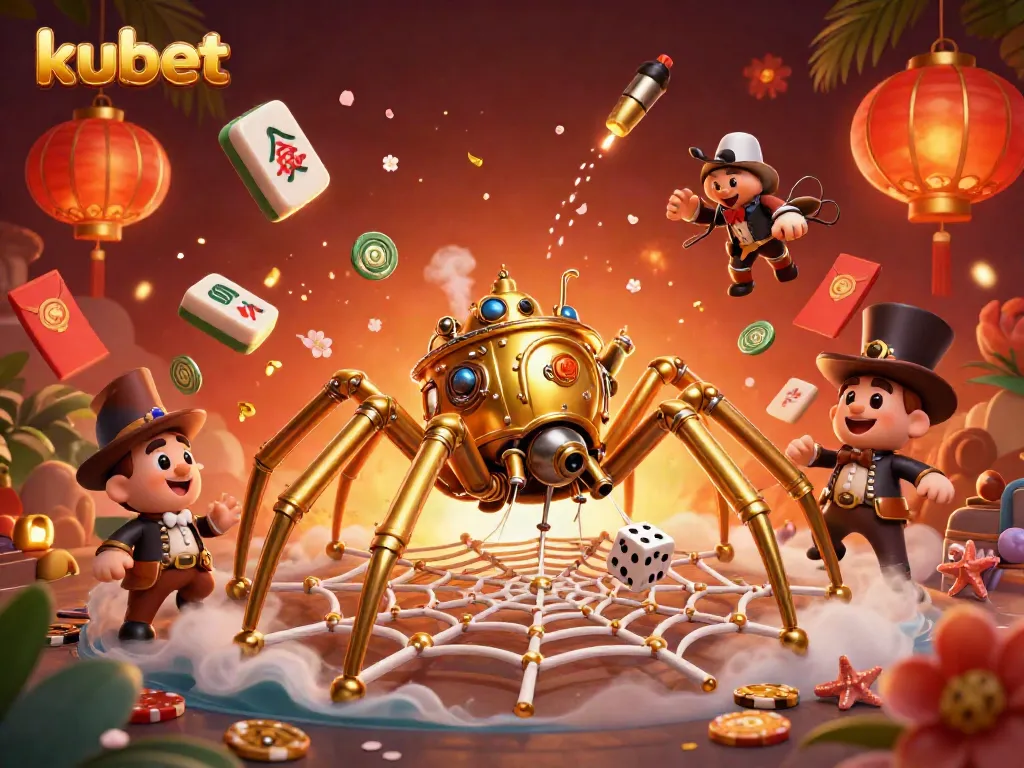 Engage with kubet's vibrant casino scene featuring a majestic golden spider and lively game elements.