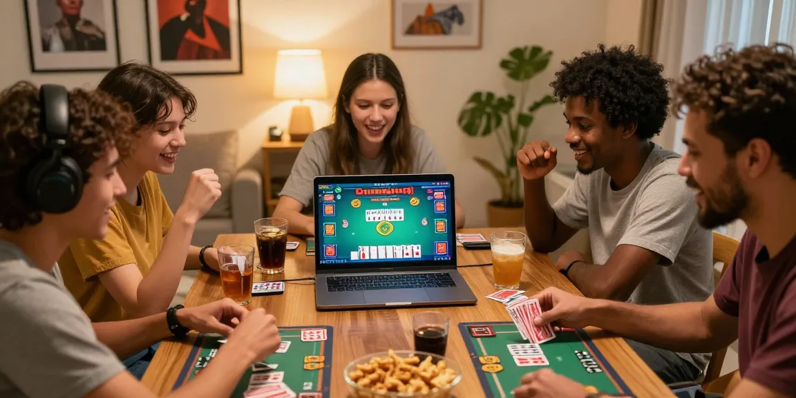 Friends playing juragan qq card games together in a cozy living room.