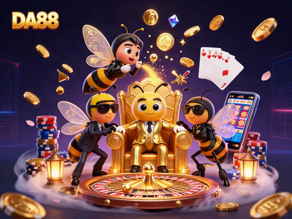 Spin and win at DA88 with colorful casino elements and cartoon characters in a vibrant scene.