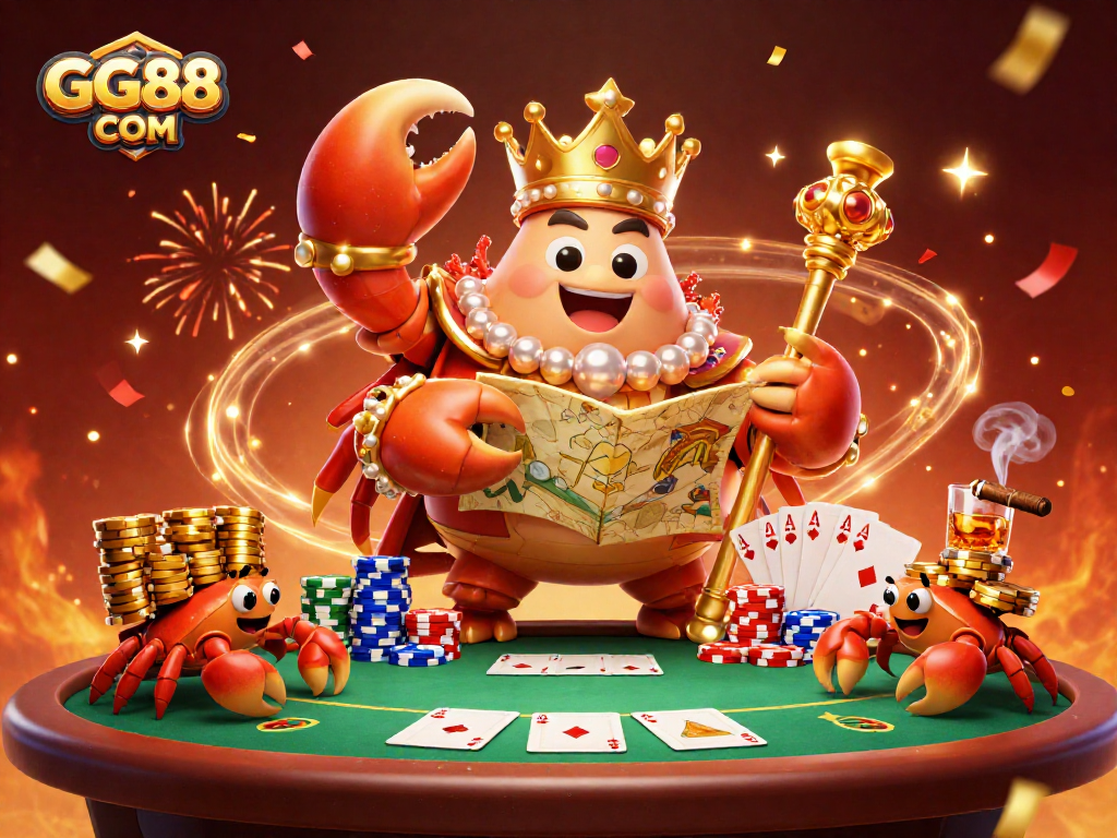 Engage with GG88 COM's vibrant casino world where a golden crab emperor presides over poker games.