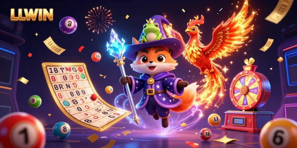 LLWIN's vibrant scene illustrates a dynamic casino experience with lottery balls, a phoenix, and a wizard fox.