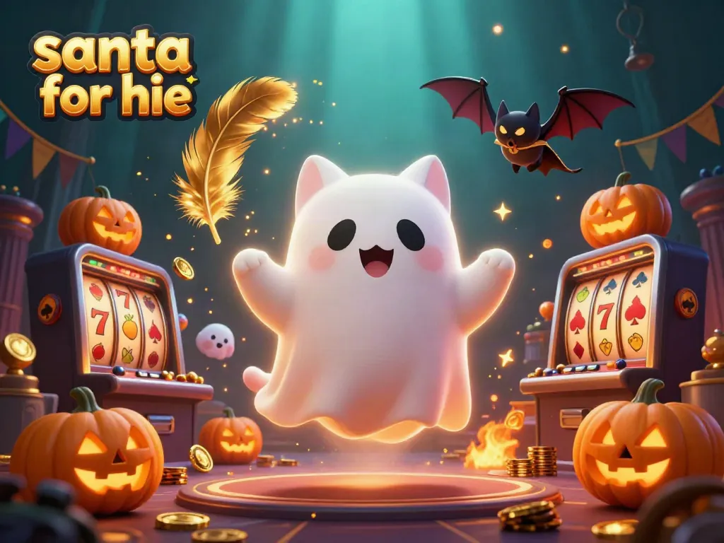 Engaging scene of a lively ghost cat and bat in a casino while promoting santa for hire entertainment services.
