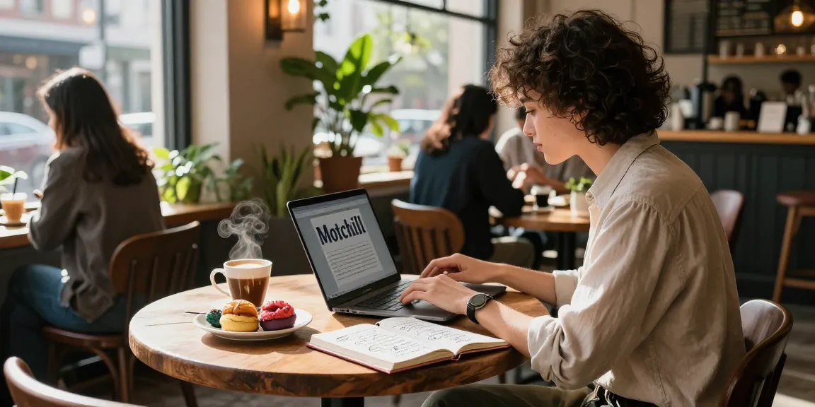Motchill blog scene in vibrant coffee shop with laptop, coffee, and pastries.