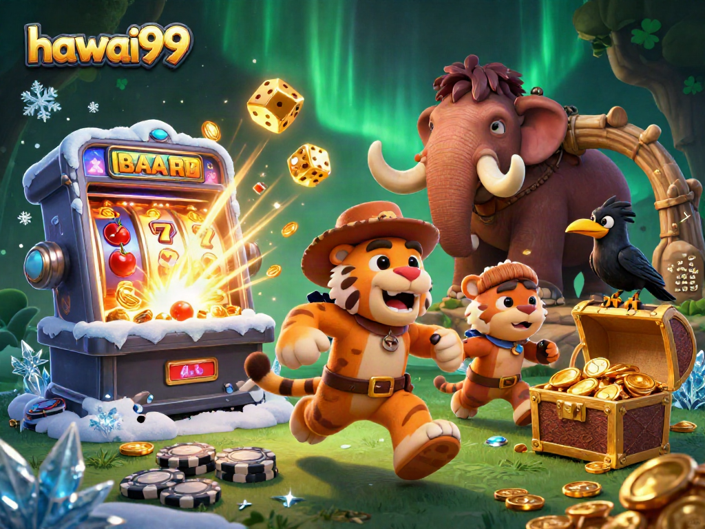 Experience the excitement of hawai99 with this vibrant prehistoric casino scene featuring engaging characters and dynamic elements.