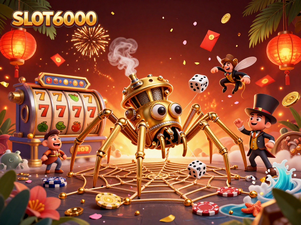 SLOT6000 spider catches dice amidst vibrant games and golden casino elements.