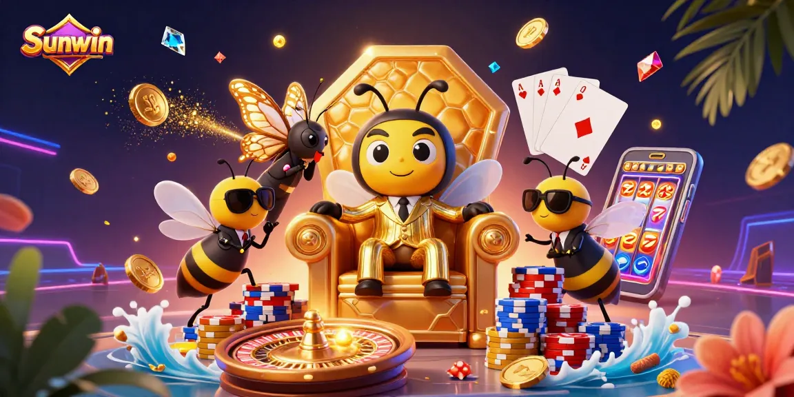 Experience gaming excitement with Sunwin's vibrant, animated casino scene featuring a bee mob boss.