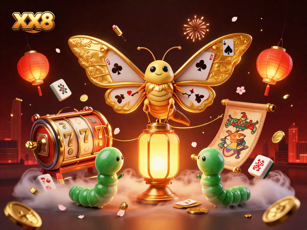 Engage with slots excitement at XX8 as golden-winged moths illuminate a casino scene.