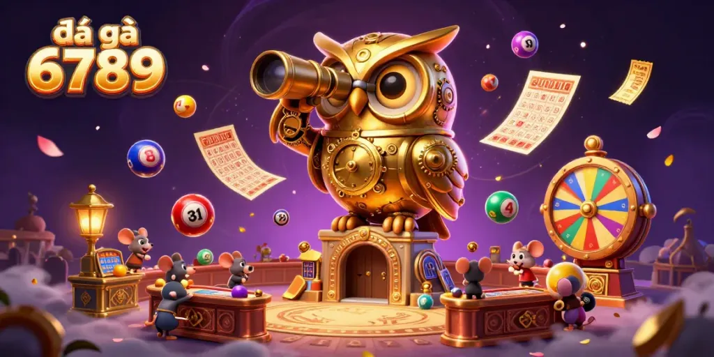 Engaging illustration of đá gà 6789 showcasing an owl and vibrant gaming elements in a bustling gambling scene.