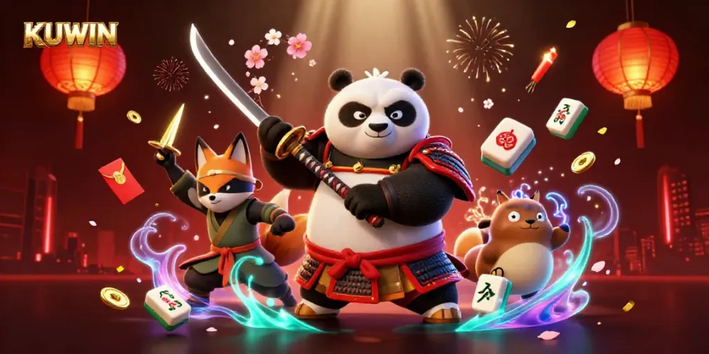 Engage in thrilling gameplay at KUWIN with a captivating 3D illustration of samurai panda and ninja fox, celebrating online gaming.