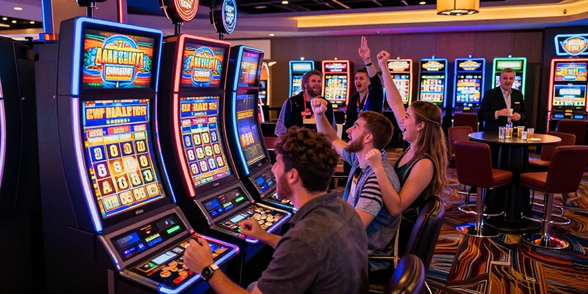 Celebrate your slot jackpot win in this vibrant casino scene with cheering players and colorful machines.