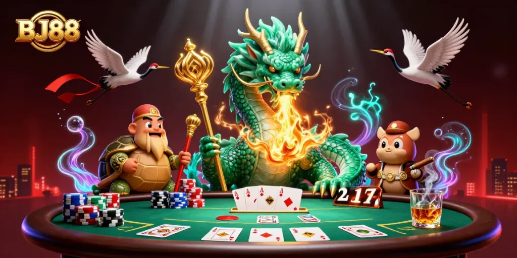 Experience the thrill of BJ88 with a vibrant 3D casino scene featuring dragons and poker elements.