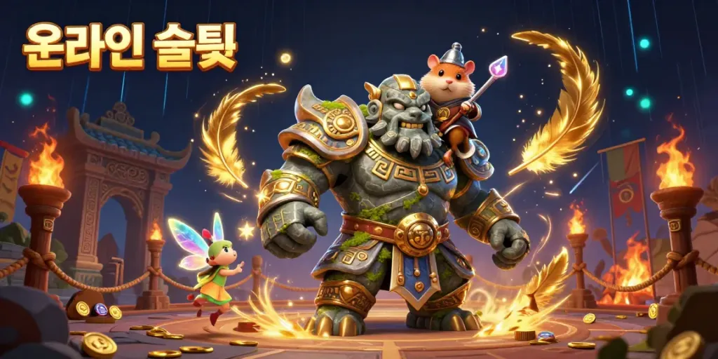Experience the dynamic 온라인슬롯 scene with a magical golem, fairy, and hamster knight surrounded by gold tokens and vibrant energy.