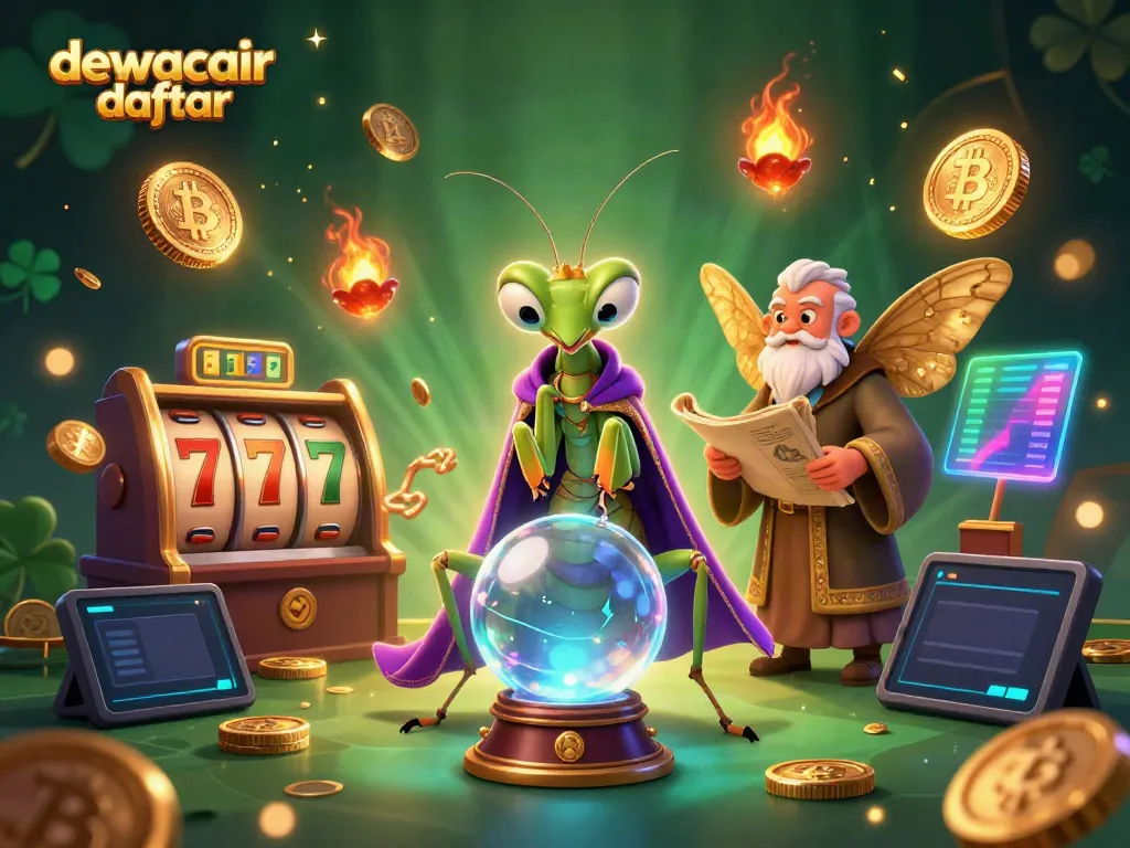 Engage with dewacair daftar as a whimsical praying mantis fortune teller reveals slot winning secrets in a vibrant 3D casino scene.