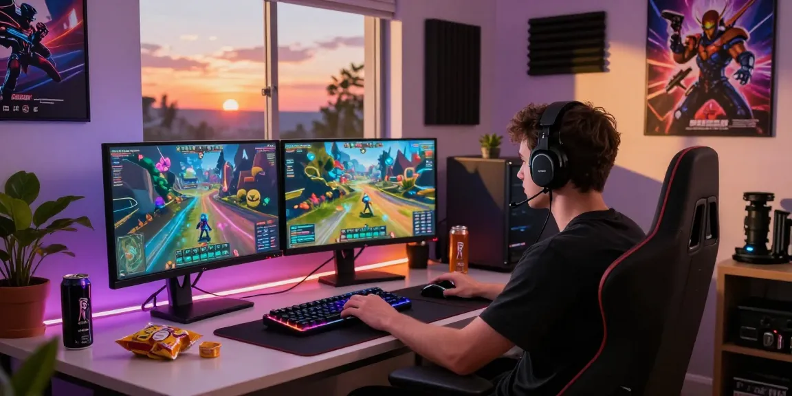 Gamer experiencing excitement while playing on https://f168.games/ with dual monitors showing vibrant graphics.