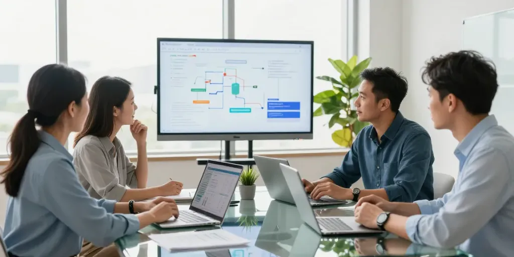 Enterprise AI team collaborating in a modern office setting, showcasing data analytics and innovation.