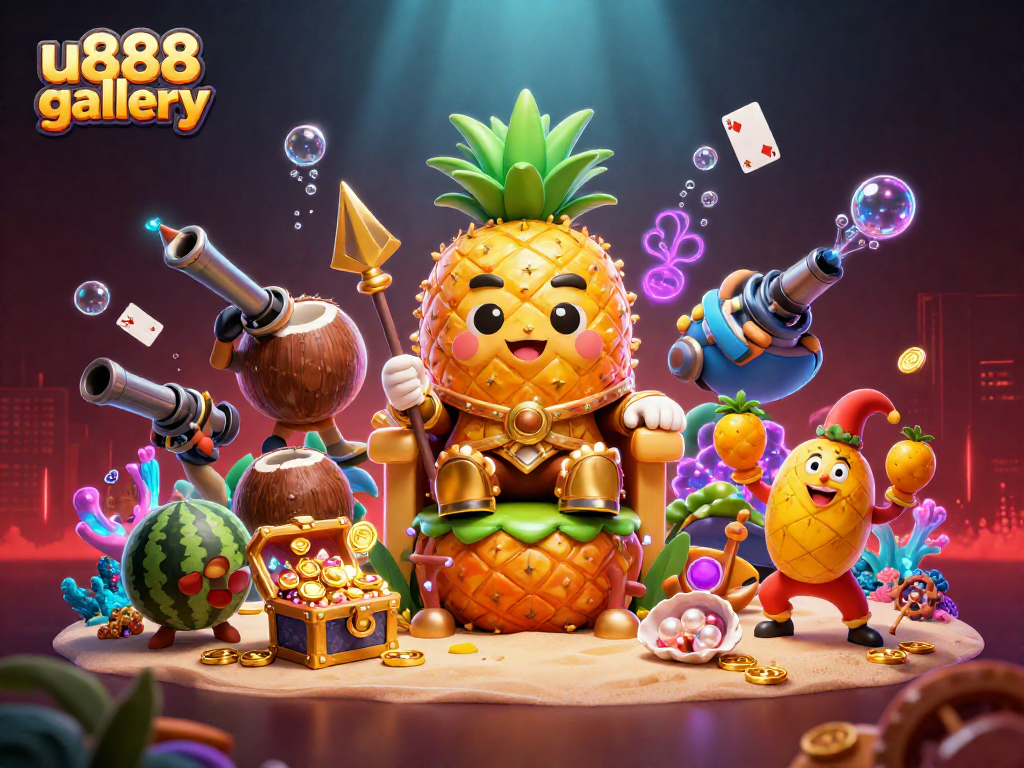 Experience vibrant winnings at u888 gallery with a golden pineapple king surrounded by treasure and fun.