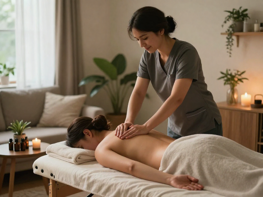 군포출장마사지 session with a professional therapist in a cozy home setting.