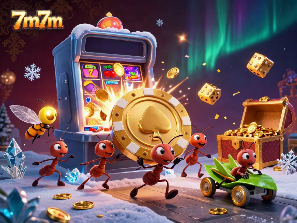 Ants heist scene with a golden poker chip in a vibrant 7m7m casino environment.