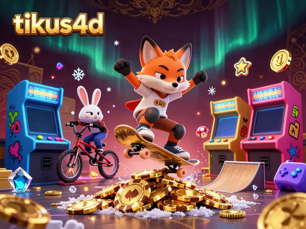 Experience the excitement at tikus4d with a vibrant scene featuring a skateboarder fox and BMX rabbit in a dynamic casino setting.